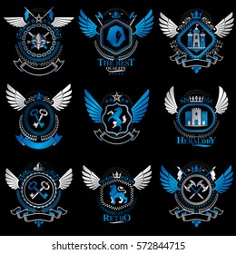 Collection of vector heraldic decorative coat of arms isolated on white and created using vintage design elements, monarch crowns, pentagonal stars, armory, wild animals.