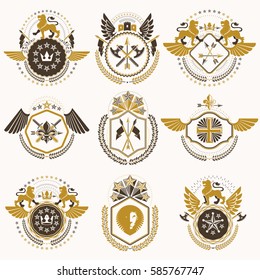 Collection of vector heraldic decorative coat of arms isolated on white and created using vintage design elements, monarch crowns, pentagonal stars, armory, wild animals.
