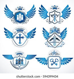 Collection of vector heraldic decorative coat of arms isolated on white and created using vintage design elements, monarch crowns, pentagonal stars, armory, wild animals.