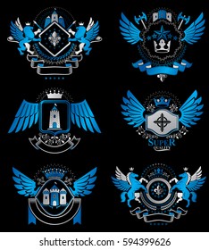 Collection of vector heraldic decorative coat of arms isolated on white and created using vintage design elements, monarch crowns, pentagonal stars, armory, wild animals.