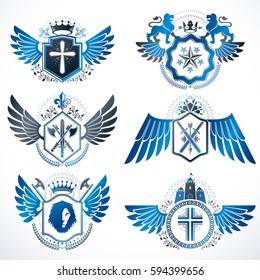 Collection of vector heraldic decorative coat of arms isolated on white and created using vintage design elements, monarch crowns, pentagonal stars, armory, wild animals.
