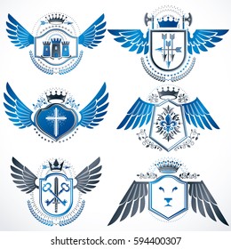 Collection of vector heraldic decorative coat of arms isolated on white and created using vintage design elements, monarch crowns, pentagonal stars, armory, wild animals