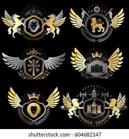 Collection of vector heraldic decorative coat of arms isolated on white and created using vintage design elements, monarch crowns, pentagonal stars, armory, wild animals.