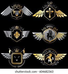 Collection of vector heraldic decorative coat of arms isolated on white and created using vintage design elements, monarch crowns, pentagonal stars, armory, wild animals.
