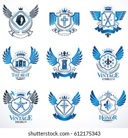 Collection of vector heraldic decorative coat of arms isolated on white and created using vintage design elements, monarch crowns, pentagonal stars, armory, wild animals.