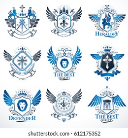 Collection of vector heraldic decorative coat of arms isolated on white and created using vintage design elements, monarch crowns, pentagonal stars, armory, wild animals.