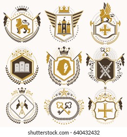 Collection of vector heraldic decorative coat of arms isolated on white and created using vintage design elements, monarch crowns, pentagonal stars, armory, wild animals.