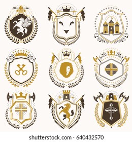 Collection of vector heraldic decorative coat of arms isolated on white and created using vintage design elements, monarch crowns, pentagonal stars, armory, wild animals.