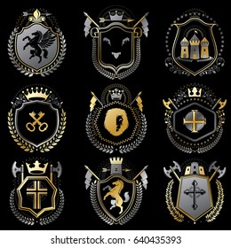 Collection of vector heraldic decorative coat of arms isolated on white and created using vintage design elements, monarch crowns, pentagonal stars, armory, wild animals.