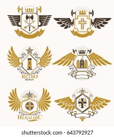 Collection of vector heraldic decorative coat of arms isolated on white and created using vintage design elements, monarch crowns, pentagonal stars, armory, wild animals.