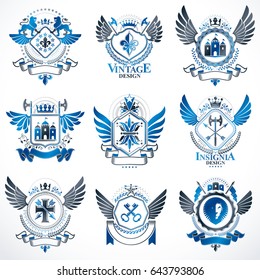 Collection of vector heraldic decorative coat of arms isolated on white and created using vintage design elements, monarch crowns, pentagonal stars, armory, wild animals.