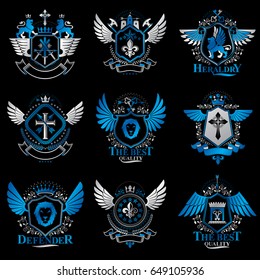 Collection of vector heraldic decorative coat of arms isolated on white and created using vintage design elements, monarch crowns, pentagonal stars, armory, wild animals.