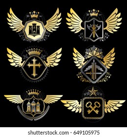 Collection of vector heraldic decorative coat of arms isolated on white and created using vintage design elements, monarch crowns, pentagonal stars, armory, wild animals.