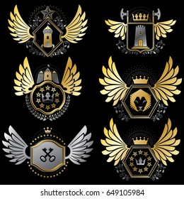 Collection of vector heraldic decorative coat of arms isolated on white and created using vintage design elements, monarch crowns, pentagonal stars, armory, wild animals.