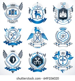 Collection of vector heraldic decorative coat of arms isolated on white and created using vintage design elements, monarch crowns, pentagonal stars, armory, wild animals.