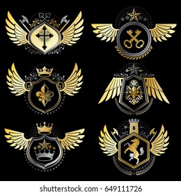 Collection of vector heraldic decorative coat of arms isolated on white and created using vintage design elements, monarch crowns, pentagonal stars, armory, wild animals.