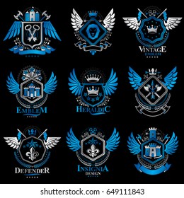 Collection of vector heraldic decorative coat of arms isolated on white and created using vintage design elements, monarch crowns, pentagonal stars, armory, wild animals.