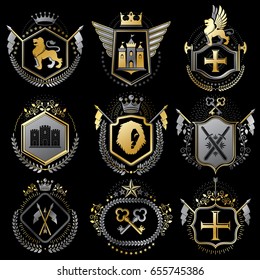 Collection of vector heraldic decorative coat of arms isolated on white and created using vintage design elements, monarch crowns, pentagonal stars, armory, wild animals.