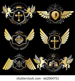 Collection of vector heraldic decorative coat of arms isolated on white and created using vintage design elements, monarch crowns, pentagonal stars, armory, wild animals.