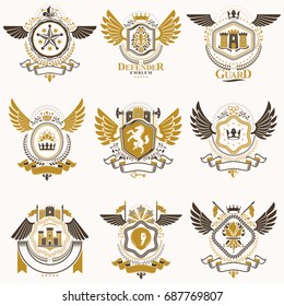 Collection of vector heraldic decorative coat of arms isolated on white and created using vintage design elements, monarch crowns, pentagonal stars, armory, wild animals.