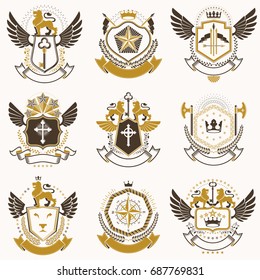 Collection of vector heraldic decorative coat of arms isolated on white and created using vintage design elements, monarch crowns, pentagonal stars, armory, wild animals.