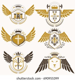 Collection of vector heraldic decorative coat of arms isolated on white and created using vintage design elements, monarch crowns, pentagonal stars, armory, wild animals.