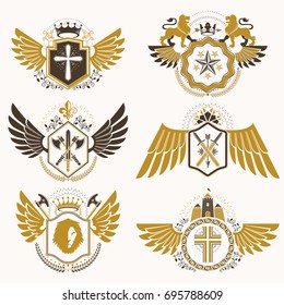 Collection of vector heraldic decorative coat of arms isolated on white and created using vintage design elements, monarch crowns, pentagonal stars, armory, wild animals.