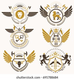 Collection of vector heraldic decorative coat of arms isolated on white and created using vintage design elements, monarch crowns, pentagonal stars, armory, wild animals.