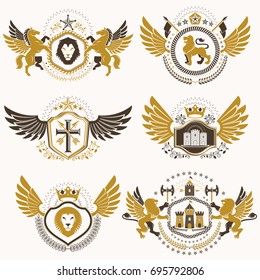 Collection of vector heraldic decorative coat of arms isolated on white and created using vintage design elements, monarch crowns, pentagonal stars, armory, wild animals.