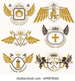 Collection of vector heraldic decorative coat of arms isolated on white and created using vintage design elements, monarch crowns, pentagonal stars, armory, wild animals.