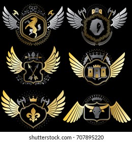 Collection of vector heraldic decorative coat of arms isolated on white and created using vintage design elements, monarch crowns, pentagonal stars, armory, wild animals.