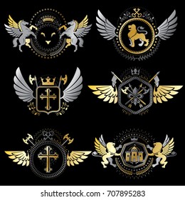 Collection of vector heraldic decorative coat of arms isolated on white and created using vintage design elements, monarch crowns, pentagonal stars, armory, wild animals.