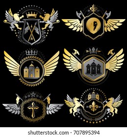 Collection of vector heraldic decorative coat of arms isolated on white and created using vintage design elements, monarch crowns, pentagonal stars, armory, wild animals.