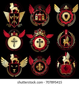 Collection of vector heraldic decorative coat of arms isolated on white and created using vintage design elements, monarch crowns, pentagonal stars, armory, wild animals.