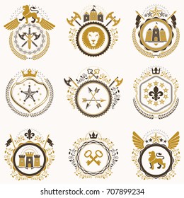 Collection of vector heraldic decorative coat of arms isolated on white and created using vintage design elements, monarch crowns, pentagonal stars, armory, wild animals.