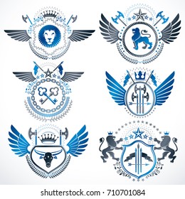Collection of vector heraldic decorative coat of arms isolated on white and created using vintage design elements, monarch crowns, pentagonal stars, armory, wild animals.