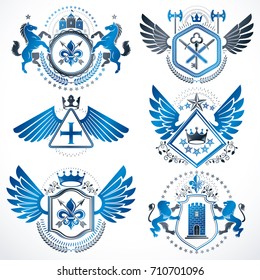Collection of vector heraldic decorative coat of arms isolated on white and created using vintage design elements, monarch crowns, pentagonal stars, armory, wild animals.