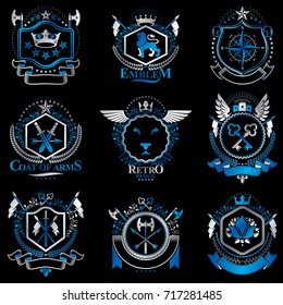 Collection of vector heraldic decorative coat of arms isolated on white and created using vintage design elements, monarch crowns, pentagonal stars, armory, wild animals.