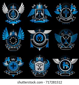 Collection of vector heraldic decorative coat of arms isolated on white and created using vintage design elements, monarch crowns, pentagonal stars, armory, wild animals.