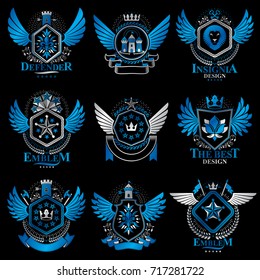 Collection of vector heraldic decorative coat of arms isolated on white and created using vintage design elements, monarch crowns, pentagonal stars, armory, wild animals.