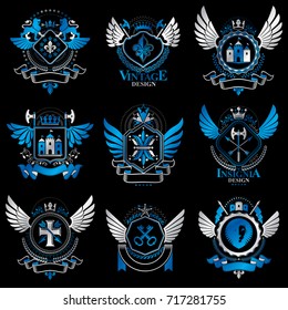 Collection of vector heraldic decorative coat of arms isolated on white and created using vintage design elements, monarch crowns, pentagonal stars, armory, wild animals.