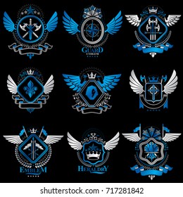 Collection of vector heraldic decorative coat of arms isolated on white and created using vintage design elements, monarch crowns, pentagonal stars, armory, wild animals.