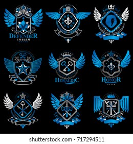 Collection of vector heraldic decorative coat of arms isolated on white and created using vintage design elements, monarch crowns, pentagonal stars, armory, wild animals.