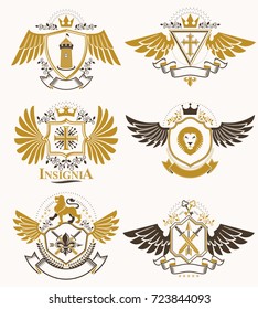 Collection of vector heraldic decorative coat of arms isolated on white and created using vintage design elements, monarch crowns, pentagonal stars, armory, wild animals.