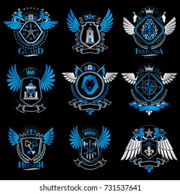 Collection of vector heraldic decorative coat of arms isolated on white and created using vintage design elements, monarch crowns, pentagonal stars, armory, wild animals.