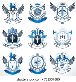 Collection of vector heraldic decorative coat of arms isolated on white and created using vintage design elements, monarch crowns, pentagonal stars, armory, wild animals.