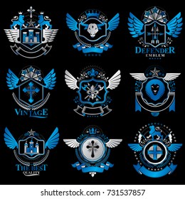 Collection of vector heraldic decorative coat of arms isolated on white and created using vintage design elements, monarch crowns, pentagonal stars, armory, wild animals.