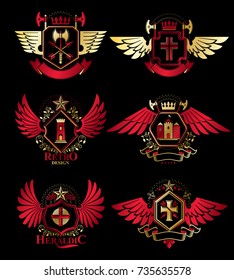 Collection of vector heraldic decorative coat of arms isolated on white and created using vintage design elements, monarch crowns, pentagonal stars, armory, wild animals.