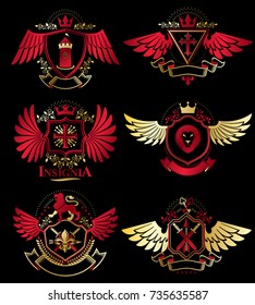 Collection of vector heraldic decorative coat of arms isolated on white and created using vintage design elements, monarch crowns, pentagonal stars, armory, wild animals.