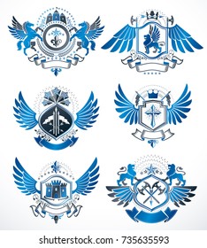 Collection of vector heraldic decorative coat of arms isolated on white and created using vintage design elements, monarch crowns, pentagonal stars, armory, wild animals.